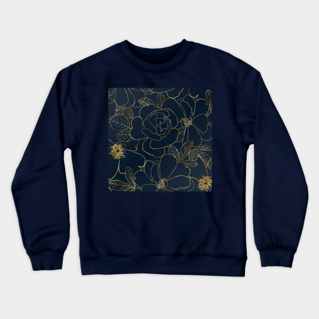 Elegant Gold Roses Floral Drawing Blue Design Crewneck Sweatshirt by NdesignTrend